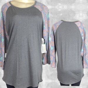 LulaRoe 2XL Randy Gray Crew Geometric Washed-Out Long Raglan Sleeve Print Tee